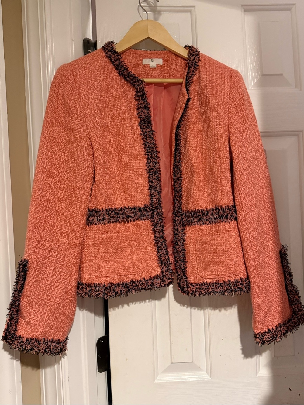 Apt. 9 Coral Tweed Fringed Blazer with Black Trim